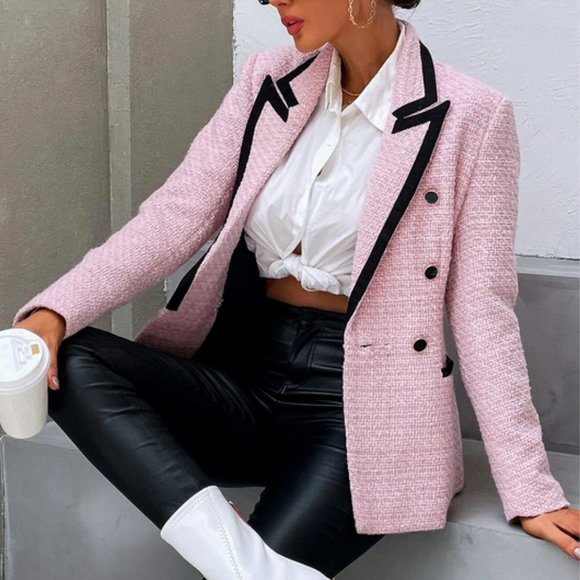 MODA ME COUTURE Jackets & Blazers - Black trimmed detailed Pink tweed Double Breasted Blazer